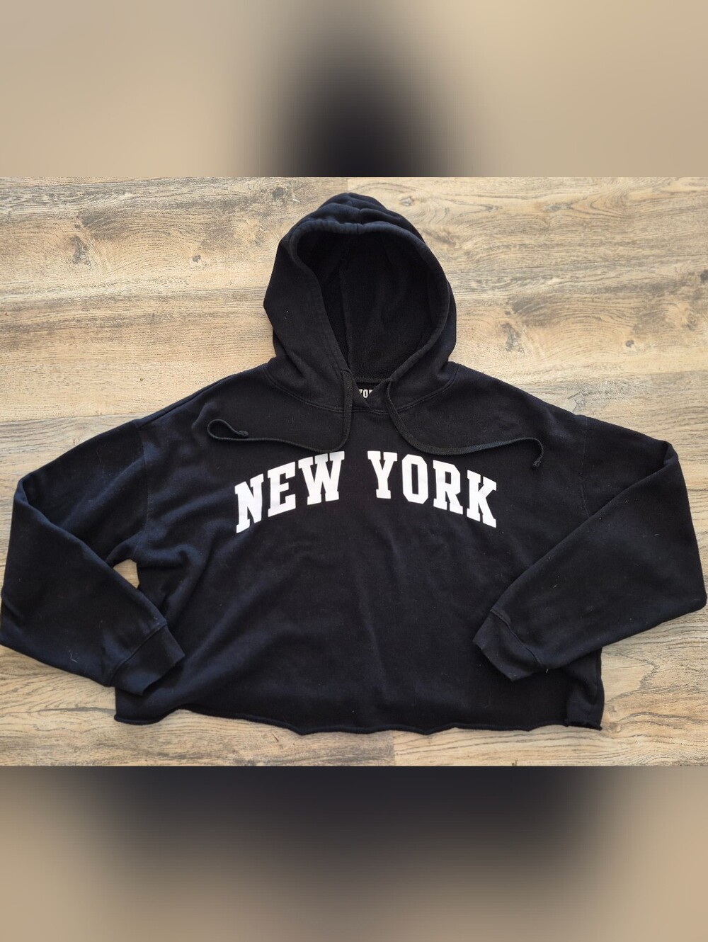 New York Graphic Cropped Cotton Drawstring HOODIE L